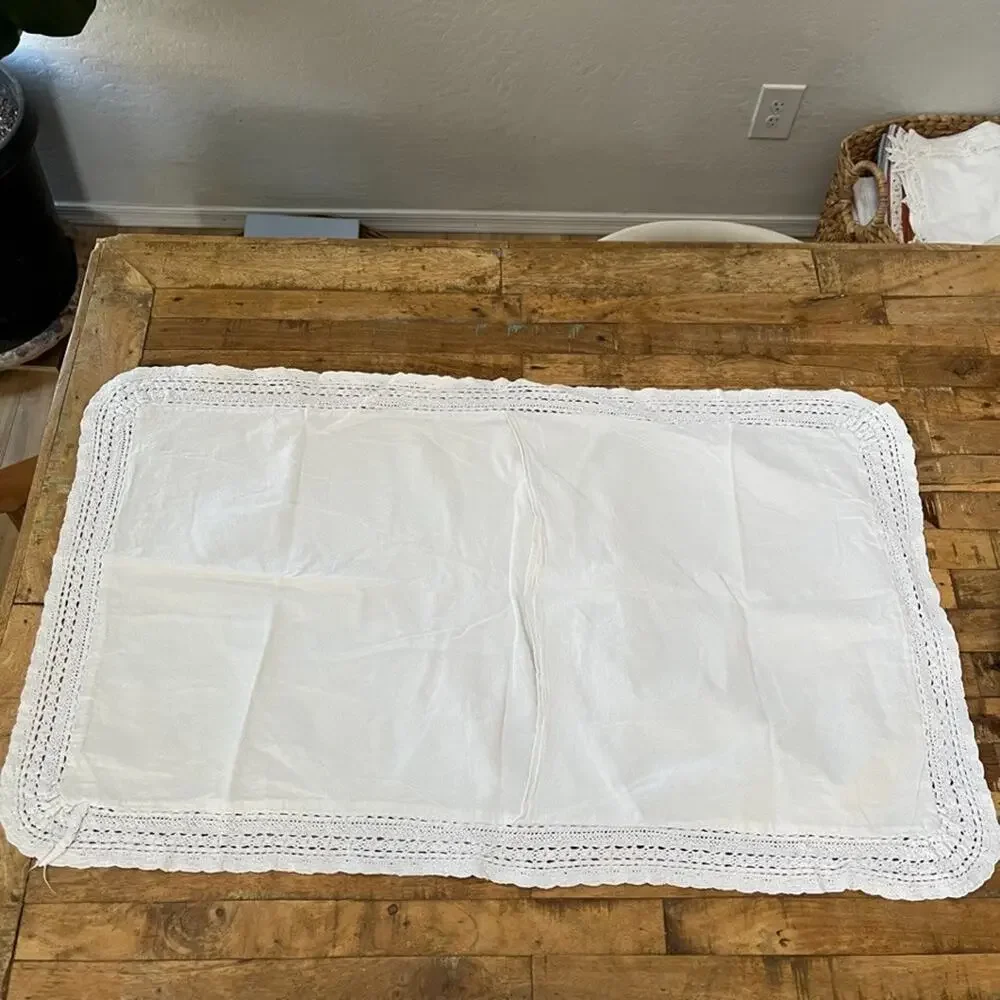 Simply Shabby Chic White King Pillow Shams (2) Linen Blend Lace Crochet Trim